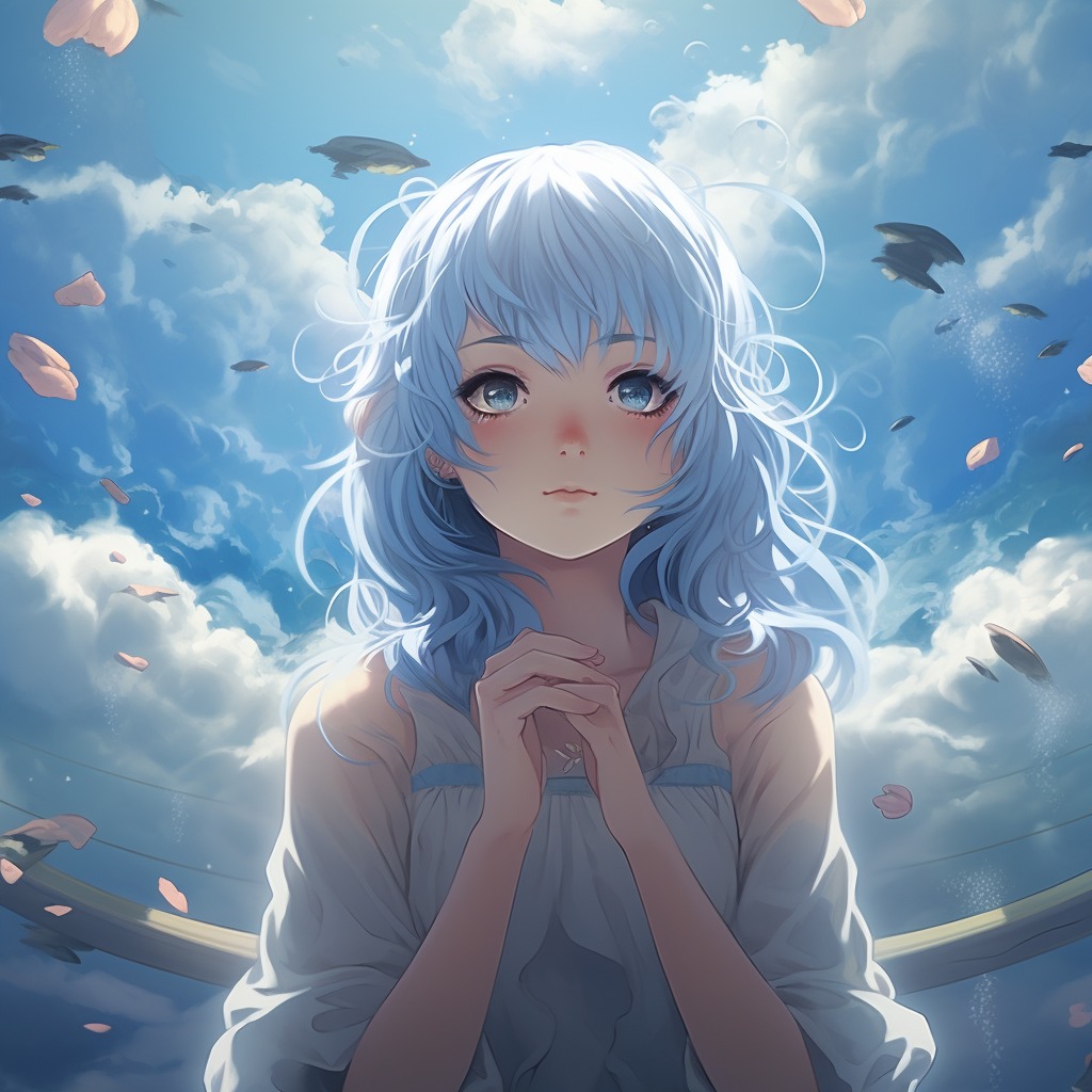 Her cobalt locks dance like wisps of magic amidst the canvas of white clouds. With an aura of wonder, she's a living embodiment of dreams materializing beneath the boundless heavens.