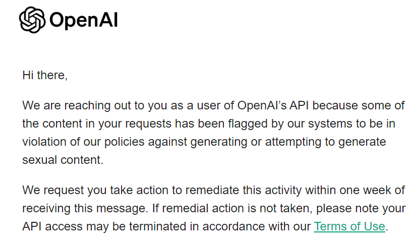 tukada_'s tweet photo. OpenAI told me to take action because you may be making sexual content. So I'll make A.I.Ika chat will be not available once. My apologies. I will do something about it eventually. https://t.co/1HMkQ00wJx