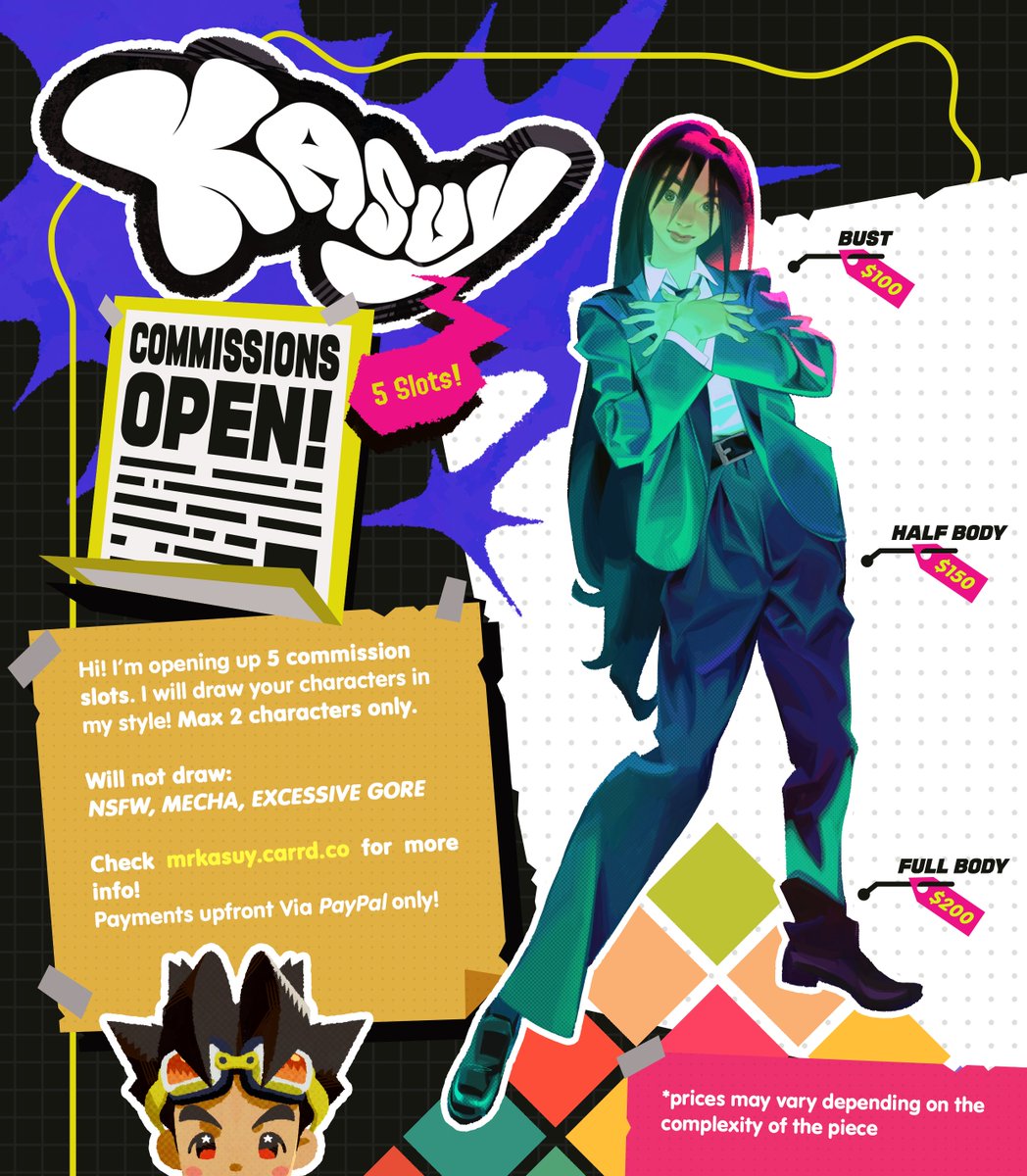 mr_kasuy's tweet photo. Hi! I'm finally gonna open my C0MM$ again! I'll be accepting 5 slots for now.

I've also revamped my process for accepting requests by having an order form, wait list and a trello board

More info in the thread 👇

rts are appreciated! ✨🤩 https://t.co/gXfqiYH4Db