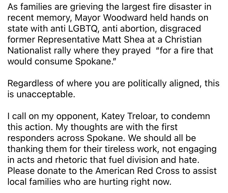 My statement on Mayor Woodward’s participation tonight at a Christian Nationalist rally with Matt Shea.