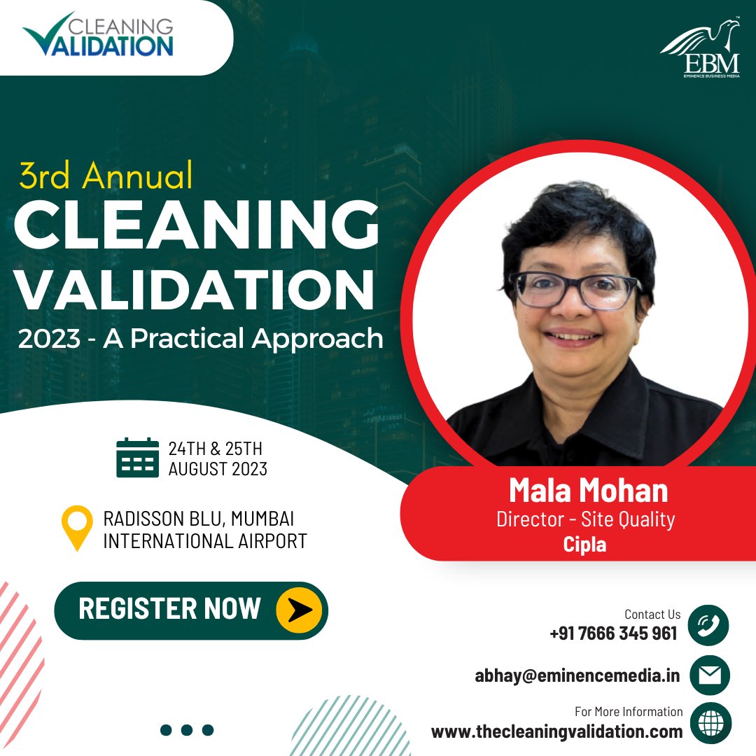 eminence_group9's tweet photo. Gain knowledge and insights from the industry's top experts and let’s welcome Mala Mohan at the 3rd Annual Cleaning Validation 2023 - A Practical Approach 

Grab your seats today!

#eminencebusinessmedia #ebmcv #ebmcv3 #ebmcleaningvalidation https://t.co/s4wAOODZ1B