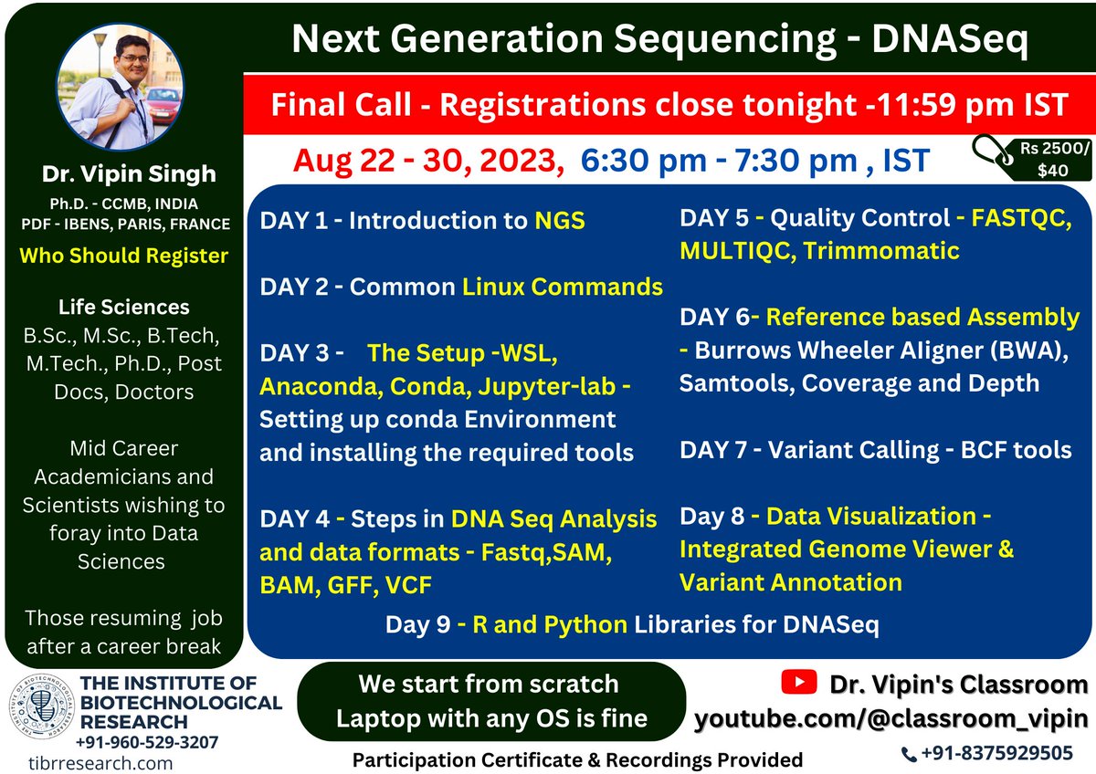 DrNobleKKurian's tweet photo. Registration ends today 11:59 pm
Study NGS data analysis from scratch..No special system requirements needed. No coding experience needed. Why waiting.. Register.
https://t.co/EXgt0qPQE0
#ngs #ngsdata #nextgenerationsequencing #dnaseq #dna #dnasequencing #genomics #omics https://t.co/kEwrVZmMAB