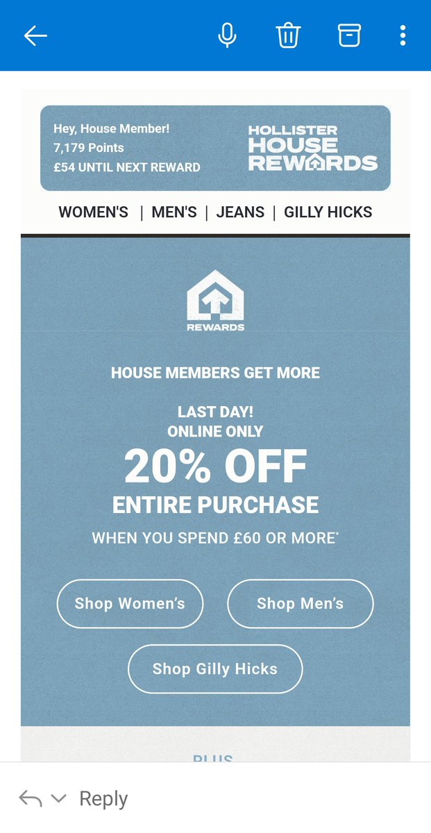 vavaclio's tweet photo. @HollisterCo so you email me today with 20%off when I spend 60 so I go to website and it says I've got to spend 75 to get 20% off. What's going on? Screenshot attached https://t.co/KKJPn7t0np