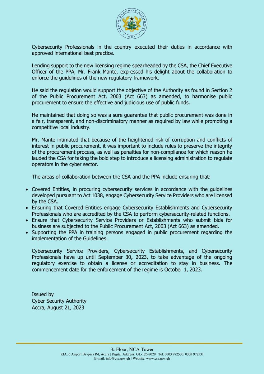 CSAGhana's tweet photo. Cybersecurity Licensing and Accreditation takes effect in October 2023. 

#cybersecurity #PressRelease https://t.co/WZxREo6nG7