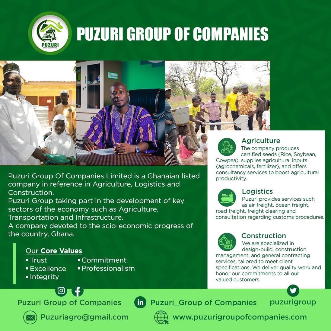 puzurigroup's tweet photo. At https://t.co/GzW0ijuZzA, we're more than a company; we're a force for progress in Ghana. 🌱 With deep roots in agriculture, the muscle of logistics, and the foundation of construction, we're the driving engine behind sustainable development. 🚜📦 🏗️ 🌾 https://t.co/a76Kp2csDL