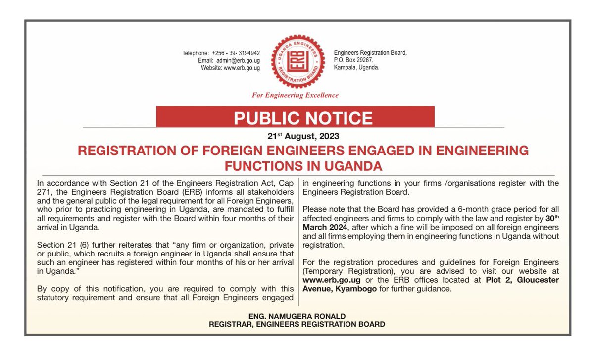 ERBUganda's tweet photo. Public Notice: Registration of Foreign Engineers Engaged in Engineering Functions in Uganda.

#ProfessionalExcellence https://t.co/eg7cNk2MVc