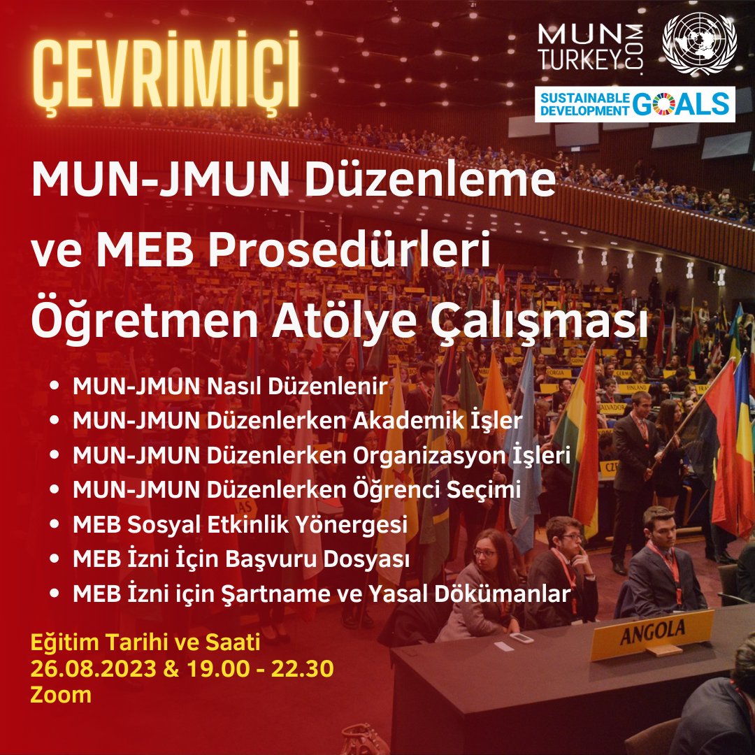 MUNTurkeycom's tweet image. MUNTurkey.com tarafından öğretmen ve idarecilere yönelik hazırlanan atölye çalışmasıdır.

Kayıt Formu:

forms.gle/Z4ZsFW5B6NbKKM… 

Eğitim 26 Ağustos Cumartesi günü saat 19.00 ile 22.30 arasında yapılacaktır.
Eğitim dili Türkçedir.