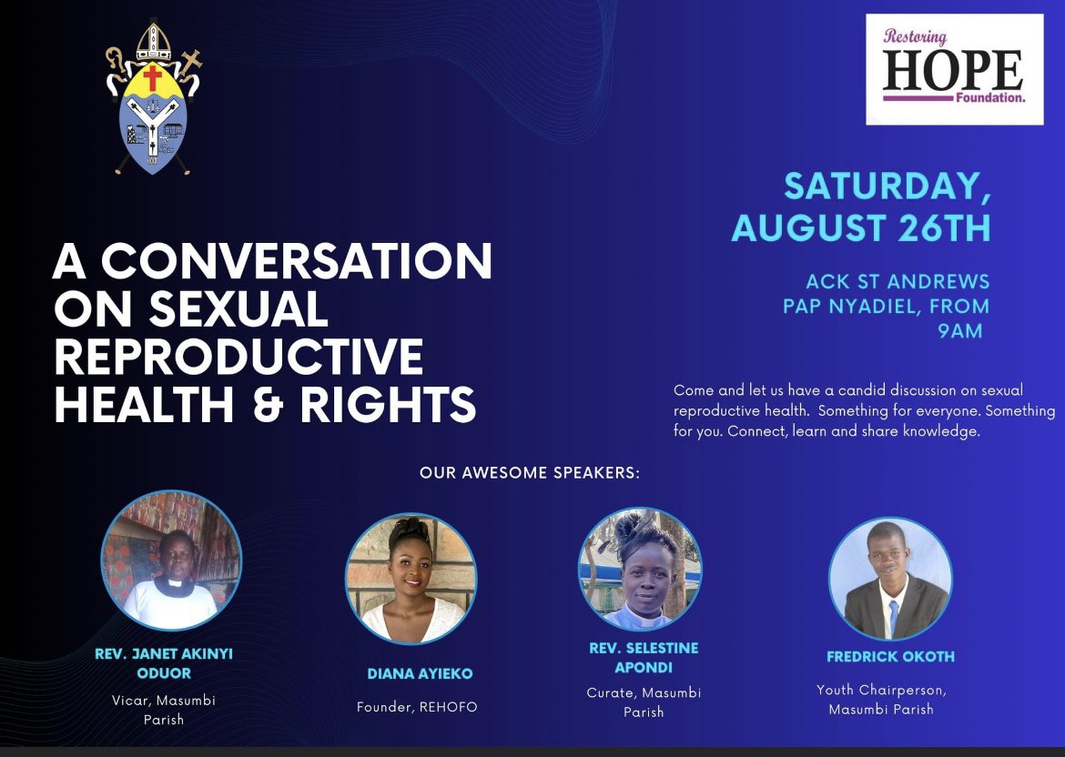 RestoringHopeFoundation (@restoringhopef2) on Twitter photo Empowering Youth Voices: Join us this Saturday at ACK St. Andrews Pap Nya Diel as we dive into open conversations about Sexual Reproductive Health and Rights. Let's break down barriers, challenge taboos, and embrace knowledge for a healthier future. <a href="/DianaAkinyi/">Diana Sheilla Ayieko</a> Empowering Youth Voices: Join us this Saturday at ACK St. Andrews Pap Nya Diel as we dive into open conversations about Sexual Reproductive Health and Rights. Let's break down barriers, challenge taboos, and embrace knowledge for a healthier future. <a href="/DianaAkinyi/">Diana Sheilla Ayieko</a>
