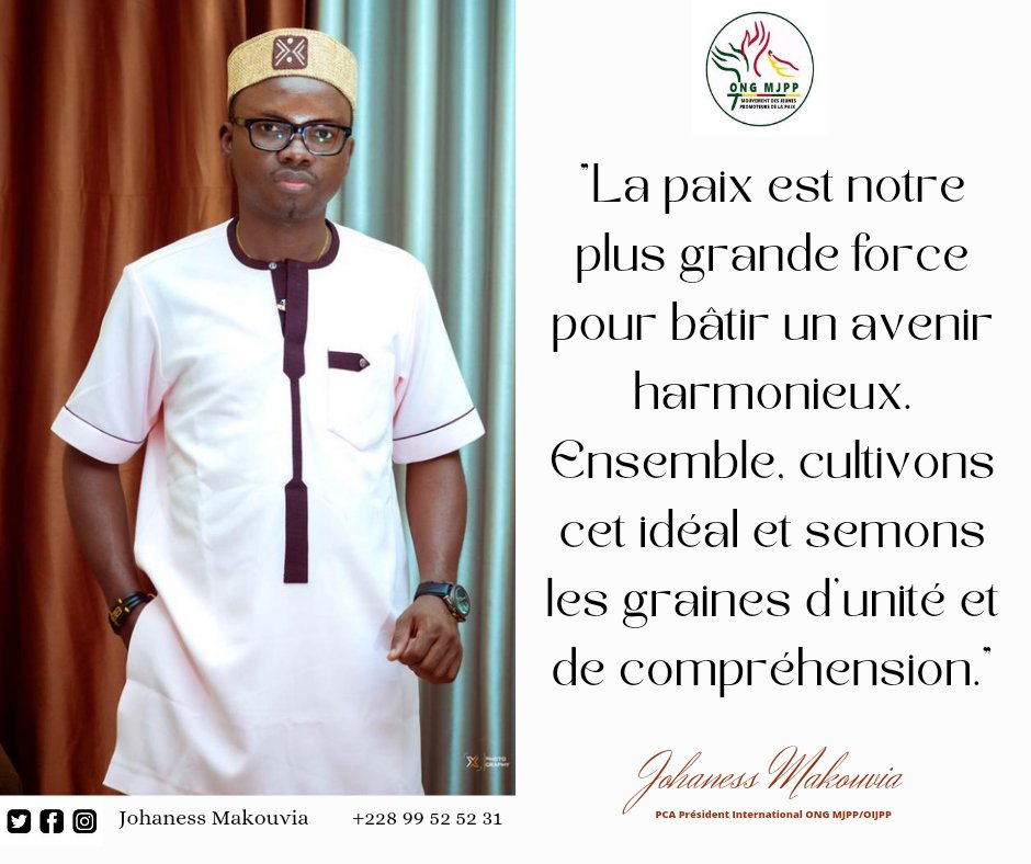 MakouviaJ's tweet photo. "La paix est notre plus grande force pour bâtir un avenir harmonieux. 
Ensemble, cultivons cet idéal et semons les graines d'unité et de compréhension."

#AvenirHarmonieux 
#CultivonsLaPaix 
#UnitéEtCompréhension
#nouvellesemaine
#Johannesmakouvia https://t.co/TrDpEy750s