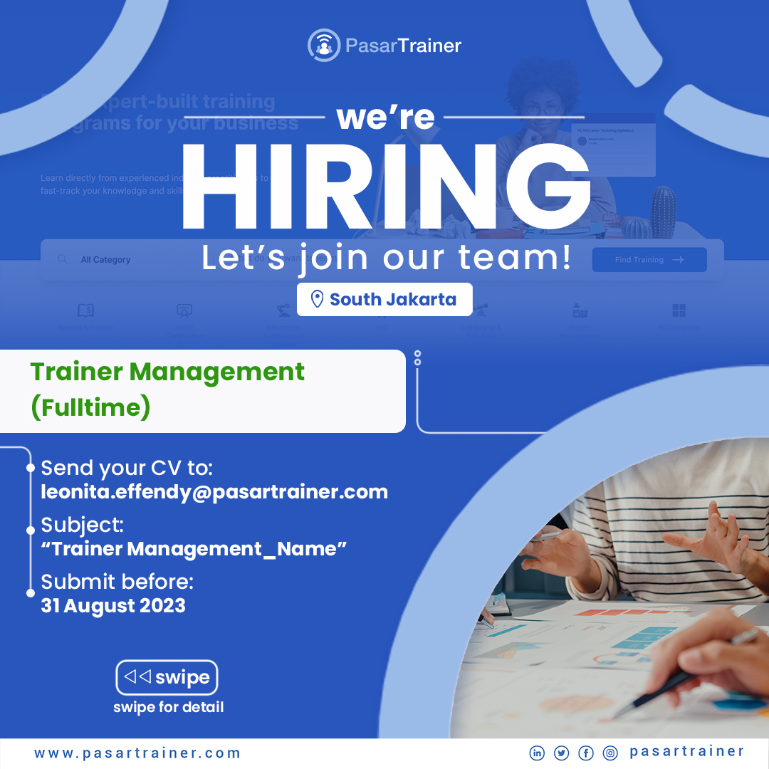 PasarTrainer's tweet photo. Hi, everyone! 👋🏻
PasarTrainer is looking for a new member to join our team as a Trainer Management.

Join Us as a Trainer Management at PasarTrainer! 🚀
We are looking forward to talking to you! See you!

#hiring  #lowongankerja #lowongankerjajakarta #jobvacancy #loker https://t.co/XNAPuDM02j