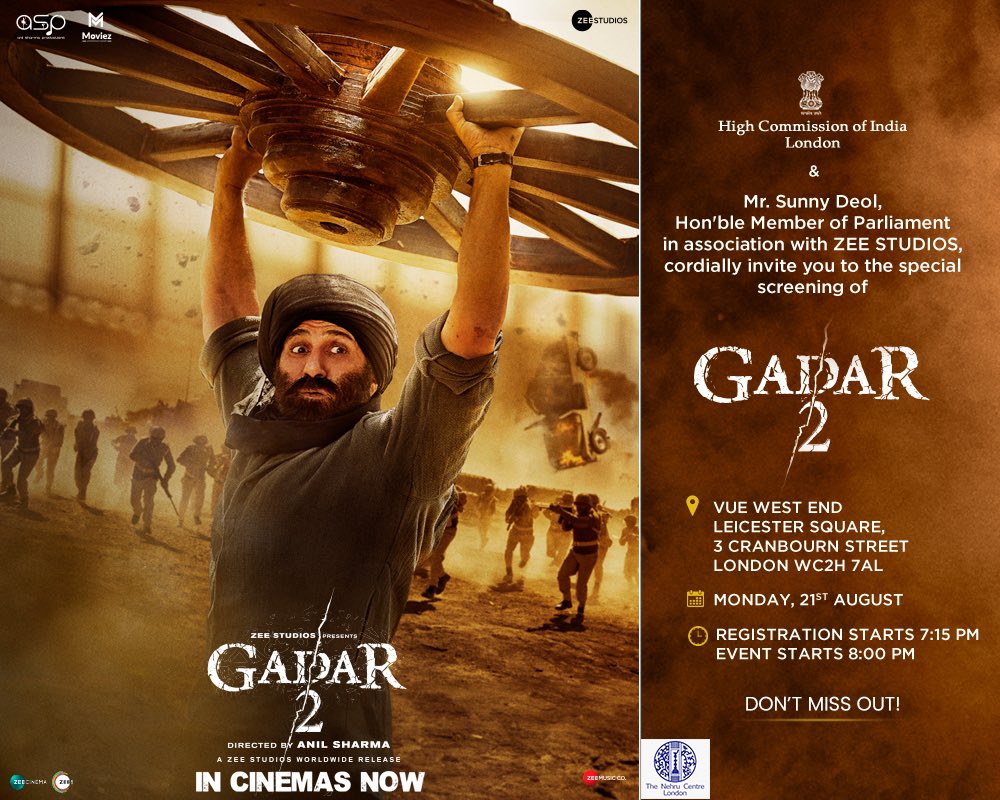 Hello London! Tara Singh will be in your city today. 🤩 So join us at Leicester Square for a fun-filled evening! 🙌🏻✨ Book your tickets! 🔗 - linktr.ee/Gadar2 #Gadar2 in cinemas now. 🎞️ @Gadar_Official @iamsunnydeol @ameesha_patel @iutkarsharma @Anilsharma_dir…