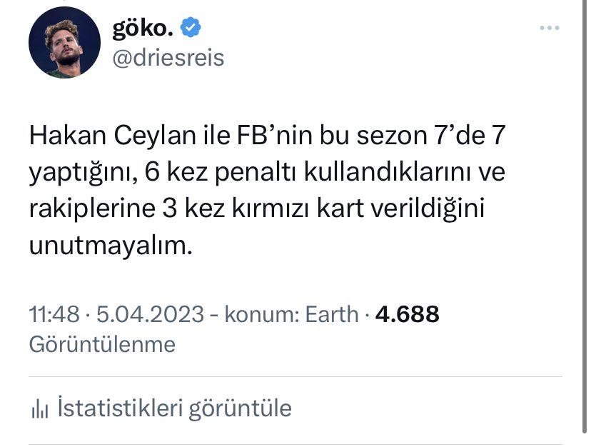 Maçın hakemi Volkan Bayarslan ile VAR hakemi Hakan Ceylan’ın yönetiminde fb’nin mağlubiyeti yok. Aligoritma güzel çalışıyor.