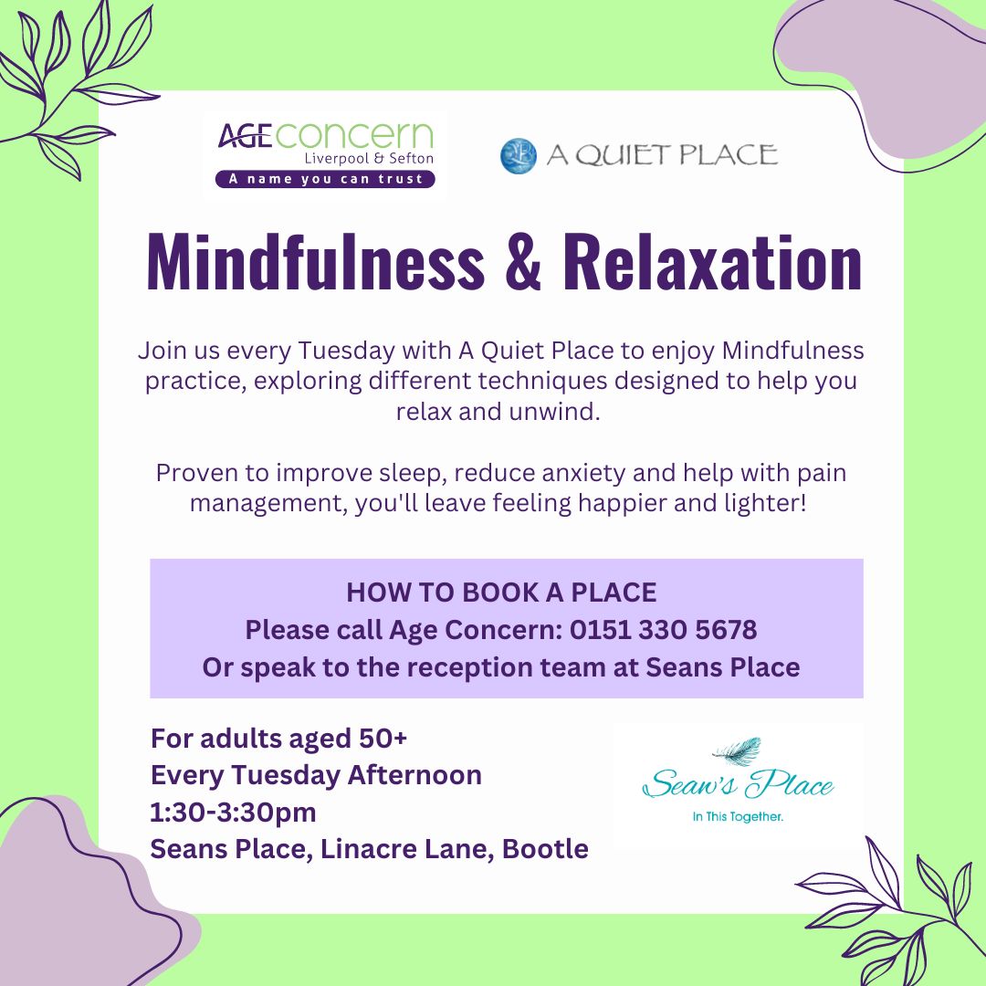 ☀️Discover tranquility and inner peace with 'A Quiet Place' every Tuesday @SeansPlace2! #wellbeing #MentalHealthAwareness #over50s #liverpoolactivities