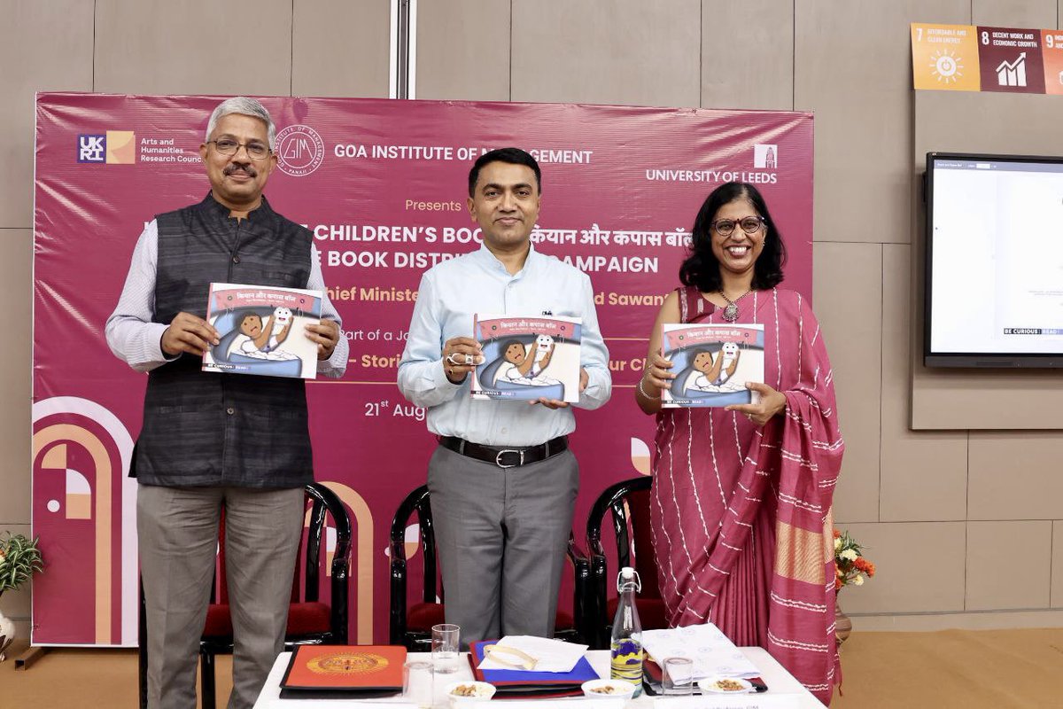 DrPramodPSawant's tweet photo. Launched the Hindi Children's Book 'Kiaan Aur Kapas Ball' developed under a collaborative project 'Cotton Hidden Voices' of Goa Institute of Management and University of Leeds, UK. 

The project is special as it documents the workers’ voices who diligently craft our garments. This project has been meticulously crafted to mirror the significance of the United Nations' Sustainable Development Goals. 

The book takes young minds on an enchanting journey through a cotton field to a final product, a complex procedure in an engaging and story driven manner. The book also encourages students to embrace sustainability principles by showcasing how they can mend, sew, or repurpose their garments, thereby reducing waste.