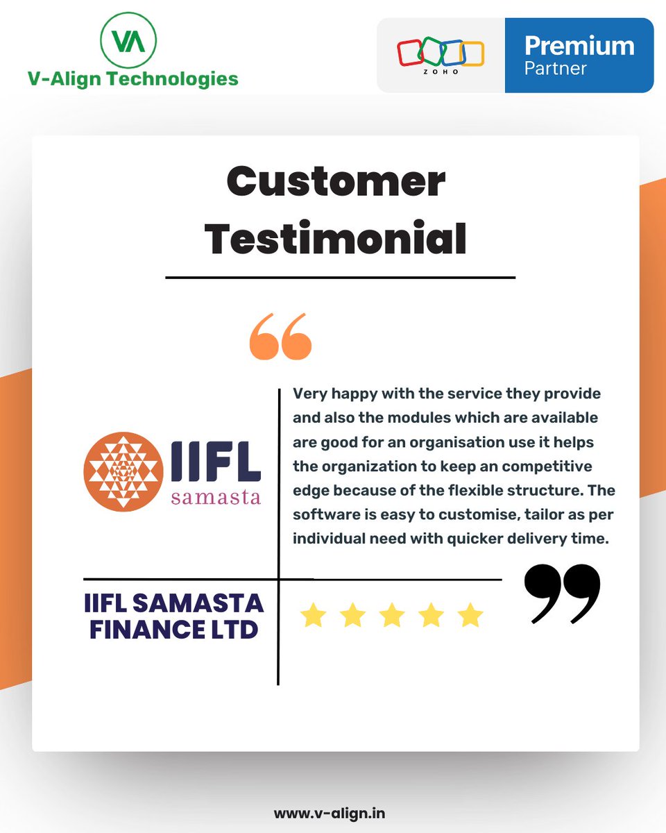 valigntech's tweet photo. We are delighted to hear how our service has positively impacted our customer's business! Their success story fuels our motivation to keep delivering excellence. π
#Zohopremiumpartner #Customerexperience #Testimonials #VAligntechnologies #ZohoIndia https://t.co/s5ZIAMHNGq