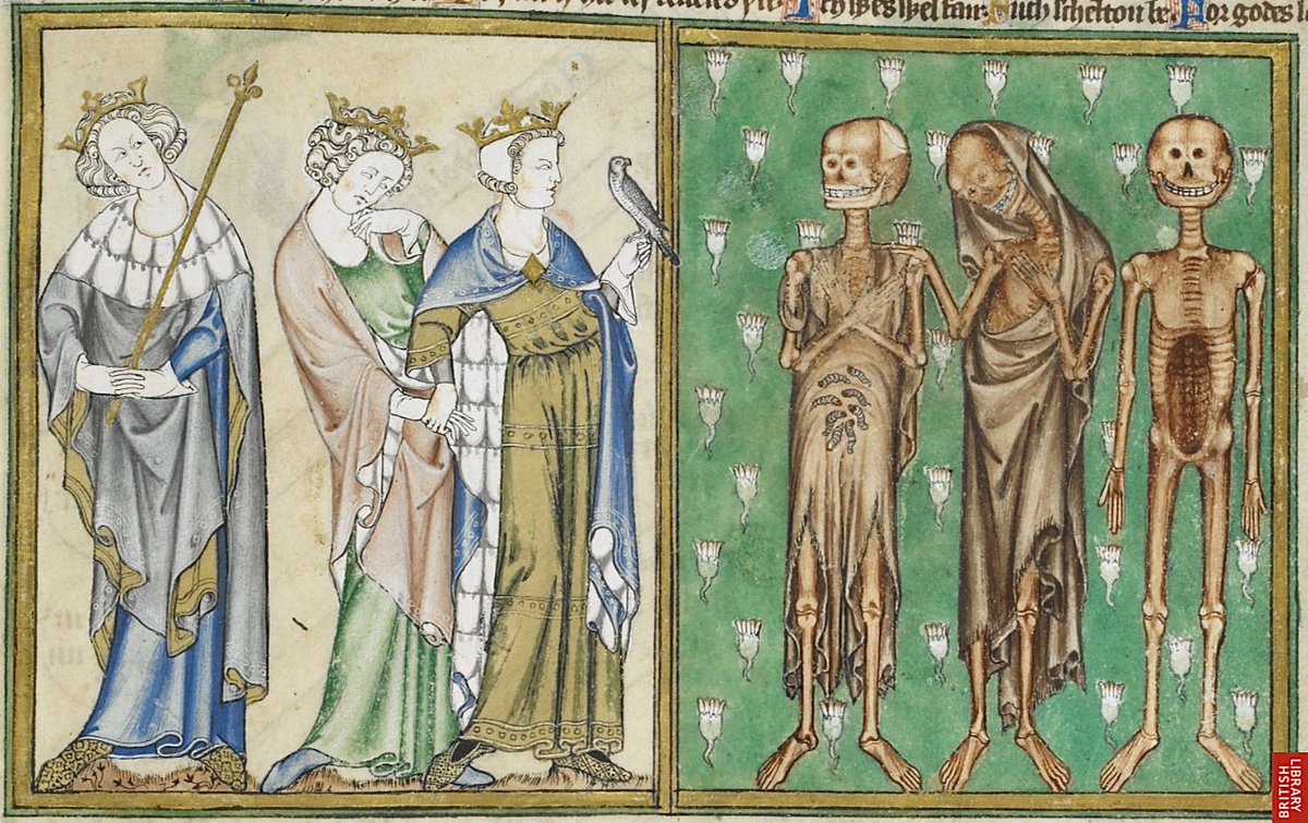 #MementoMoriMonday #ManuscriptMonday

This morality story is also found in manuscript illumination, the ‘De Lisle Psalter’ (Arundel MS 83, f.127r) is a good C14th example of this. It’s interesting to compare how medieval artists handled this subject over different mediums!