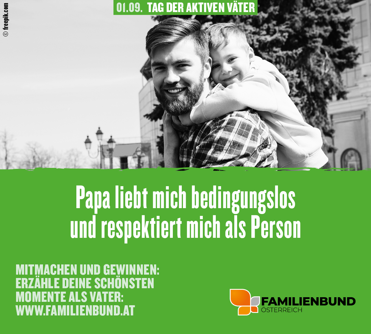 ‼Tag der aktiven Väter: 01.09.2023‼
Papa liebt mich bedingungslos und respektiert mich als Person! Mitmachen und ein WE in Rom gewinnen! 🥳
Alle Infos auf: tagderaktivenvaeter.at
#familienbund #tagderaktivenväter2023 #vatersein #familie #gewinnspiel
<a href="/oebb/">oebb</a> @ravensburger