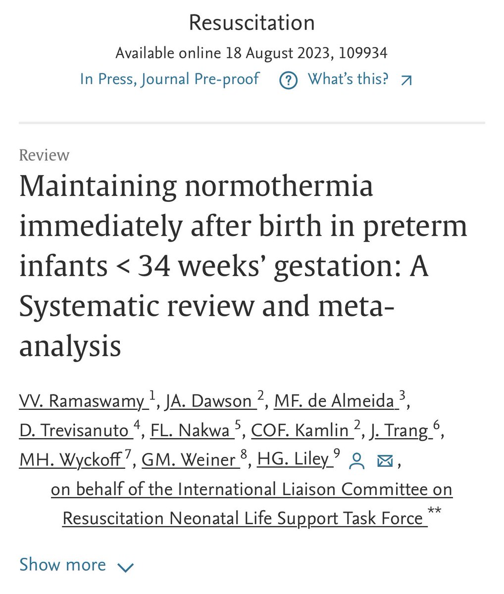 ILCOR’s Systematic review and meta-analysis on hypothermia prevention in preterm neonates less than 34 weeks. Thank you all the co-authors and ILCOR team @jennifer3050 

authors.elsevier.com/sd/article/S03…
@ProfSomashekhar @Ilcor_org @DrAbdulRazak_MD @souvik_neo @ccroehr @neosatyan