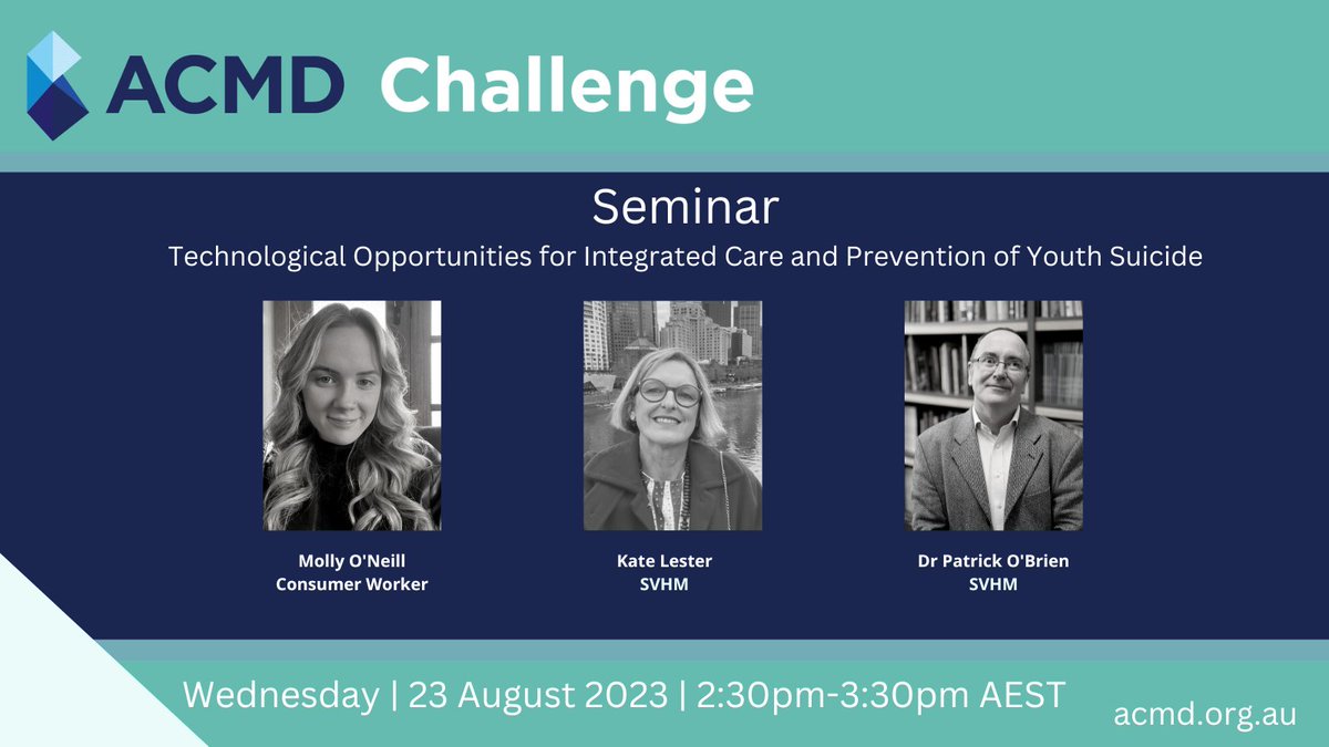 Our next ACMD Challenge seminar is focused on Technological Opportunities for the Prevention of Youth Suicide. Join us on Wednesday 23 August 2023 from 2:30pm – 3:30pm AEST. Register here: bit.ly/3OKkbBx. For more information: bit.ly/45DkBiK