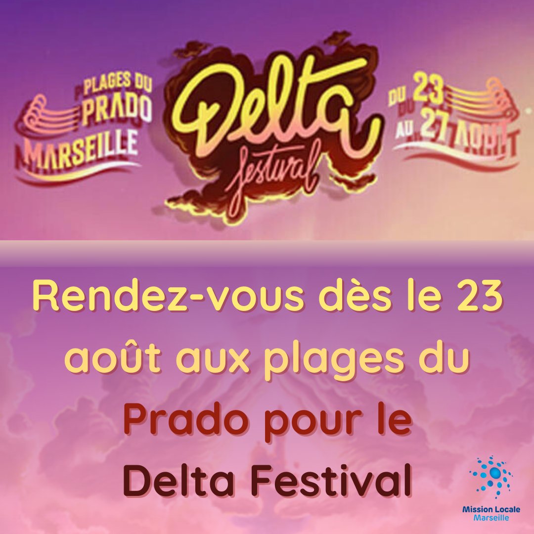 📣 A tous les festivaliers ! Votre Mission Locale sera présente au Delta Festival du 23 au 26 août ☀

Alors, à vos paillettes et venez nous rencontrer aux plages du Prado à Marseille 🌊

A très vite ! 😎