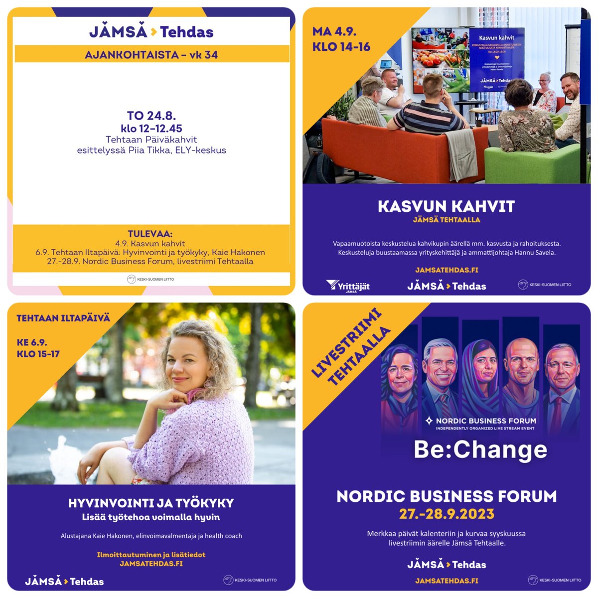 Tehtaalla viikko on käynnistynyt vilkkaasti, mites sun viikko on startannut? Paljon mukavaa tapahtumaa on luvassa, mm. torstaina tarinoidaan Päiväkahvilla. ☕🕺
#jämsätehdas #hyvätyöpäiväkokemus #hyväyrittäjäkokemus #hyväoppimiskokemus #etätyötila #jämsä #keskisuomi #maanantai