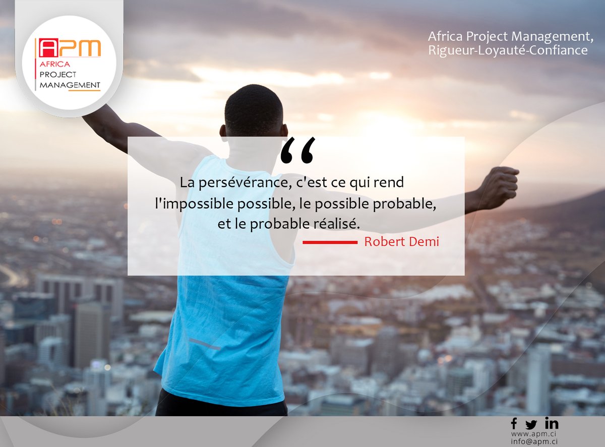APM_CI's tweet image. La persévérance transforme l&apos;impossible en possible, le possible en probable, et le probable en réalisé. _ Robert Demi
Fructueuse semaine de travail à tous !
Contactez nous : sales@apm.ci ou au (+225) 27 22 44 32 78 /07 99 14 14 99 (appel ou WhatsApp).
#AfricaProjectManagement