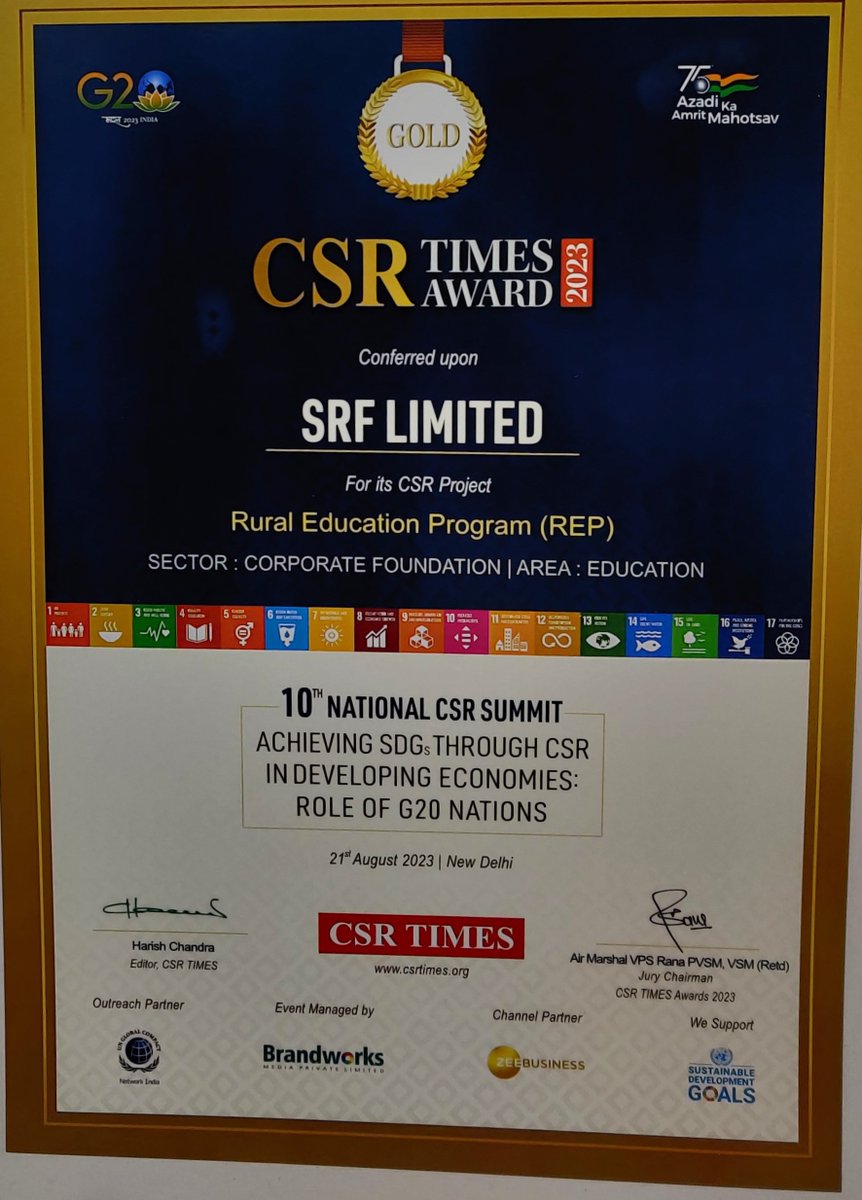 SRFFoundation's tweet photo. We are proud to have been honored with the #CSRTimes 𝐀𝐰𝐚𝐫𝐝 at the 10𝐭𝐡 𝐂𝐒𝐑 𝐒𝐮𝐦𝐦𝐢𝐭 𝐀𝐰𝐚𝐫𝐝𝐬 2023 for our efforts in 𝐩𝐫𝐨𝐦𝐨𝐭𝐢𝐧𝐠 𝐪𝐮𝐚𝐥𝐢𝐭𝐲 𝐞𝐝𝐮𝐜𝐚𝐭𝐢𝐨𝐧 in rural areas. Your support drives us to create lasting change. https://t.co/SoacOVZvCT