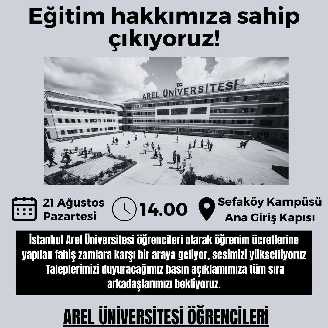 Arel Üniversitesi öğrencileri eğitim ücretlerine yapılan fahiş zamma karşı ‘Eğitim hakkımıza sahip çıkıyoruz’ diyerek yan yana geliyor. 

Müşteri değil öğrenciyiz!

 #arelüniversitesizam