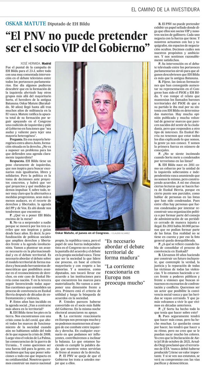 «El Gobierno español debe ser audaz y valiente para tejer una mayoría heterogénea. Somos una fuerza útil para la gente y actuamos con luz y taquígrafos, sin espacios de negociación ocultos». 🗞️ Entrevista a @OskarMatute en @El_Pais. elpais.com/espana/2023-08…