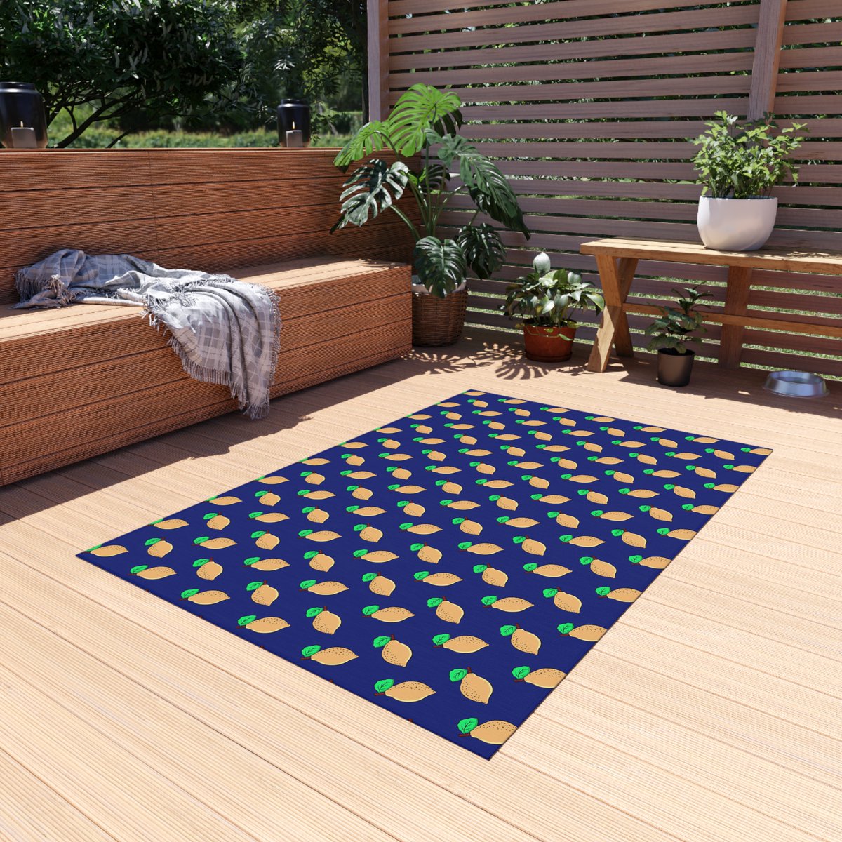 Yellow Lemon Pattern on Dark Blue Outdoor Rugs
#Rugby #RugbyCA #USA #outdoors #NYC