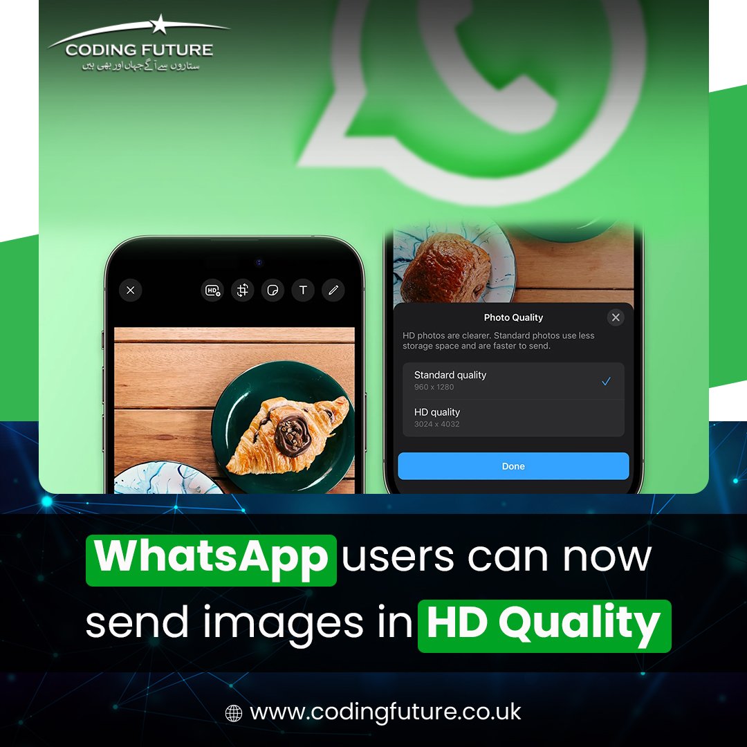 CodingFuture01's tweet image. WhatsApp is rolling out an enhancement that empowers users to share &quot;HD&quot; images of superior quality through the messaging platform Mark Zuckerberg the CEO of Meta revealed this advancement through his Meta broadcast channel on Instagram

#codingfuture #news #NewsUpdate #Pakistan