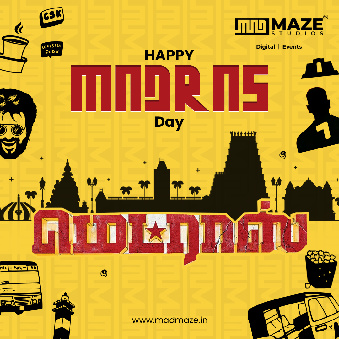 Madmazestudios's tweet photo. 🌆 Celebrating the #MADRAS Magic with #MADMAZE Studios! 🎉 Wishing you all a joyful and vibrant Madras Day 2023! 🥳
Here's to embracing the essence of 'MAD' - Music, Art, Diversity - in the city we love! 💛🌴🎂
#mmcrew #madmazeevents #madrasday #madrasday2023 #chennai #384years https://t.co/uYfVvTOsbN