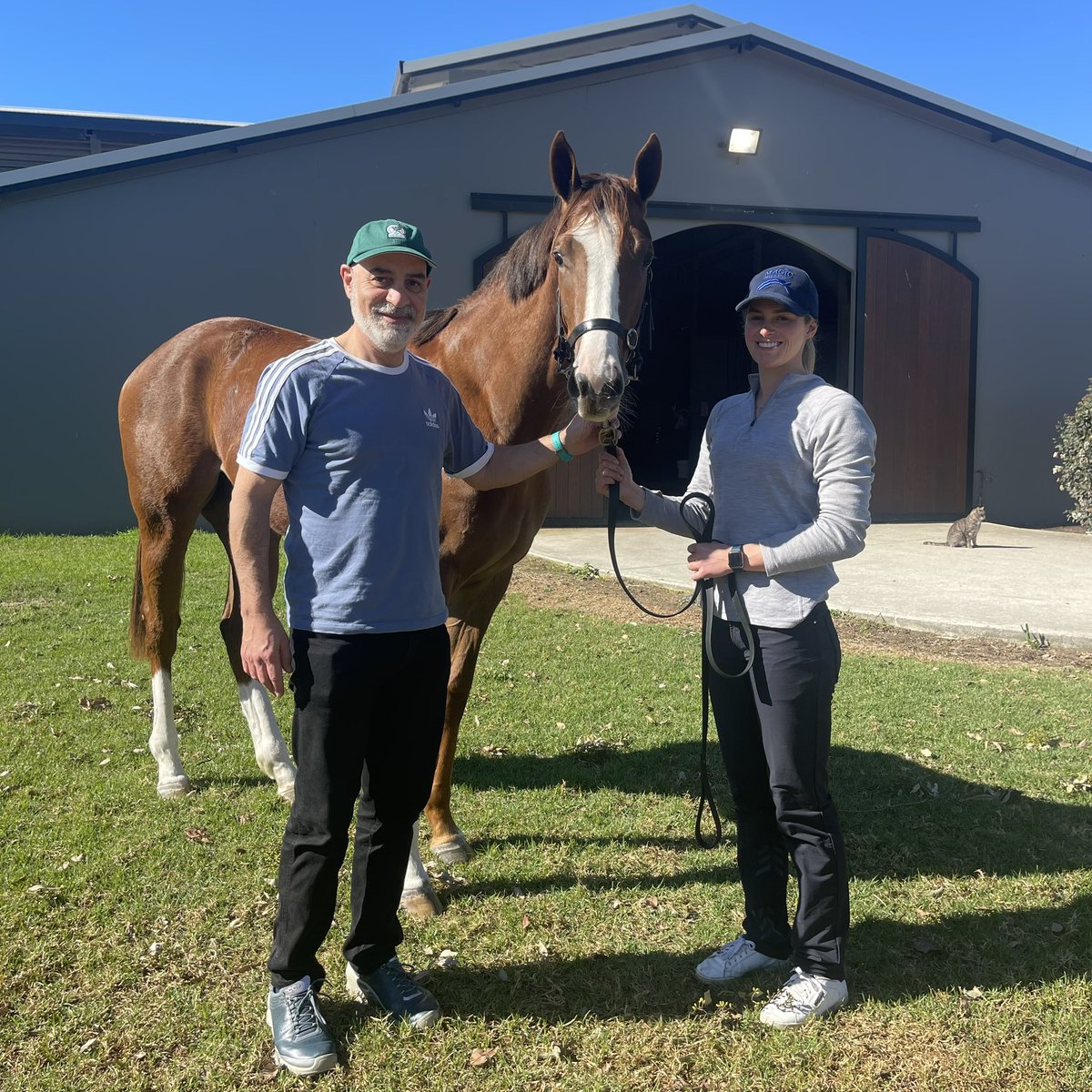 BWiddupRacing's tweet photo. Straight from commentating the FIFA Women’s World Cup to visit his 2YO filly by Written Tycoon @Bashola66 Which @TheMatildas should her stable name be? #Kerr #Vine #Foord #Arnold #Gorry #Raso #TeamWiddup ⚽️🏇 https://t.co/vMWH2DDluU