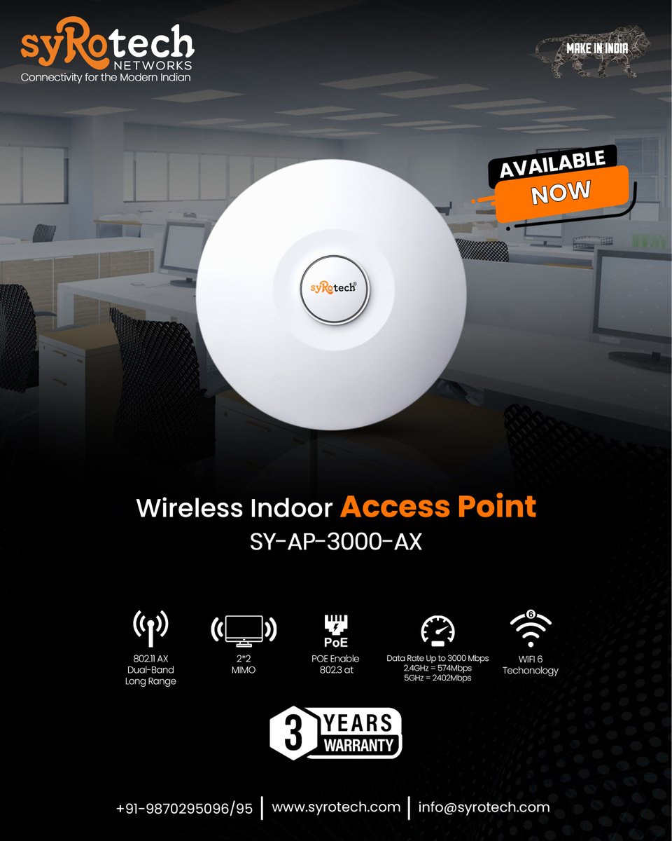 Syrotech's tweet image. Supercharge your connection with #Syrotech's new Wireless #IndoorAccessPoint! ⚡️ Experience #WiFi6's power, blazing 574Mbps (2.4GHz) &amp;amp; 2402Mbps (5GHz) speeds, PoE convenience, and wide 802.11AX range. Enjoy peace of mind with a 3-year #warranty. Grab yours while available!