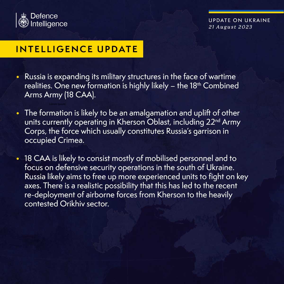 Latest Defence Intelligence update on the situation in Ukraine – 21 August 2023 Find out more about Defence Intelligence's use of language: ow.ly/R1ST50PBibf 🇺🇦 #StandWithUkraine 🇺🇦