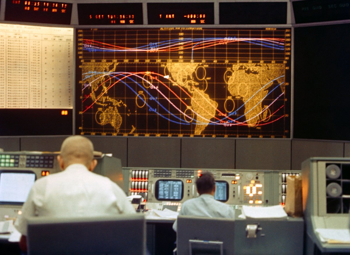 Mission control during the flight of Gemini 5, August 21-29, 1965.