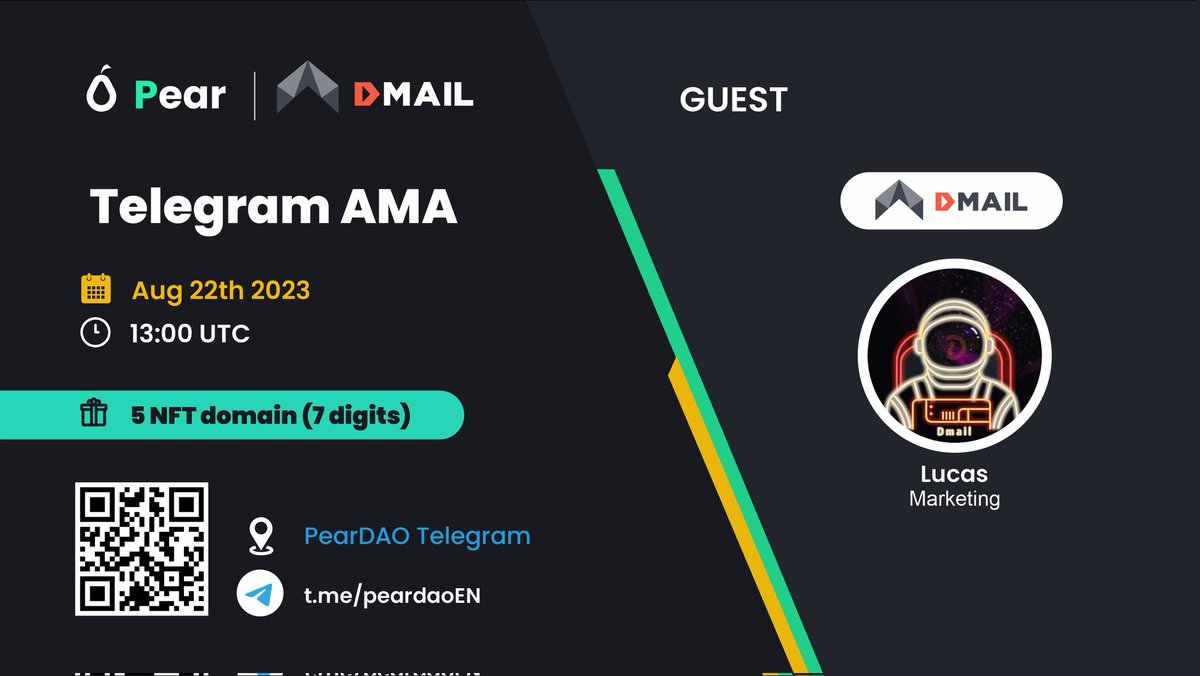 🎙We're glad to announce our next #AMA with <a href="/Dmailofficial/">DMAIL.AI</a>

📆 Time: Aug 22th, 1pm UTC
🕹 Venue: t.me/peardaoEN/3035…
🎁 Prize: 5 Dmail NFT Domain (7 digit) 

Rules ⤵️
✅Follow <a href="/PearDAOReal/">PearDAO</a> &amp; <a href="/Dmailofficial/">DMAIL.AI</a>
✅Like, RT &amp; tag 3 friends
✅Join the AMA and submit your question