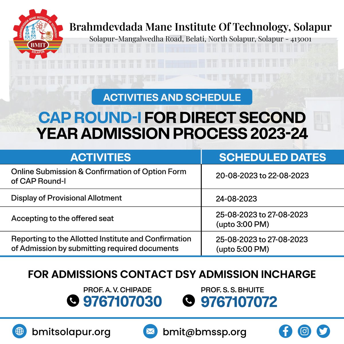 Bmit_Solapur's tweet photo. CAP Round 1 admissions are now Open! we're excited to welcome the brightest minds to our tech-driven family.

#bmitcollege #engineeringcollege #admissionsopen #dsyadmission #engineeringadmission #admissionguidance #btechadmission #besteducation #solapur https://t.co/gDh3Pc1hgZ