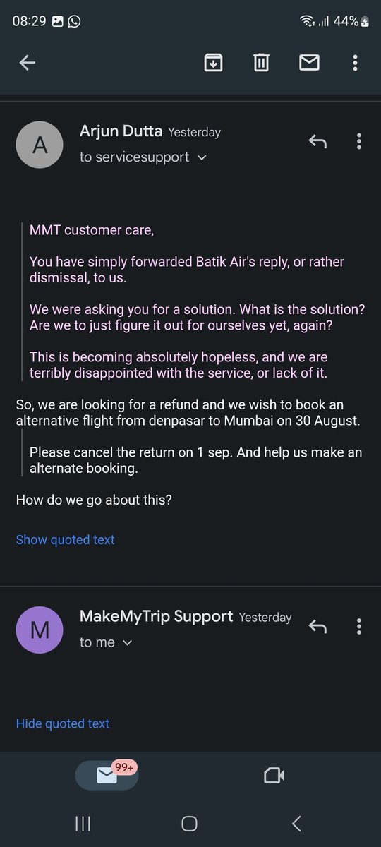 ArjunDutta8883's tweet photo. .@makemytrip do not get back to me saying you will get in touch with me. I have been asking for solutions and you have thrown your hands up each and every time. Govt rules state that you have to provide compensation if delay is over 24 hours. You do not even play by govt rules! https://t.co/CirF7DM3QX