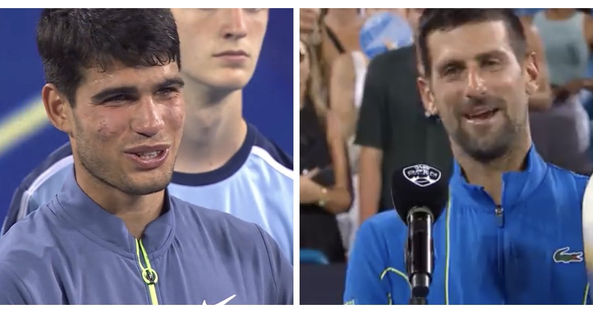 FBiasin's tweet photo. #Djokovic: “Oh, non ti arrendi mai amico. Amo questo di te. A volte però vorrei che tu giocassi qualche punto in meno in questo modo…”.

#Alcaraz: “Gli spagnoli non muoiono mai…”.

#Djokovic: “Sì… In effetti ne so qualcosa…”.

Bellissimo. https://t.co/Ap43RuhXiy