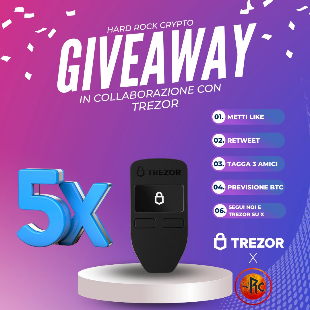 🔥TREZOR GIVEAWAY

🏆 5 Hardware Wallet Trezor Model One in palio

✅Like &amp; retweet di questo post 
✅Tagga 3 amici
✅ Pronostica nei commenti qui sotto che prezzo avrà #Bitcoin alle ore 20:00 (UTC+2) di domani (Martedì 22/08/23)
✅Segui <a href="/hardrockcrypto/">Hard Rock Crypto</a> e <a href="/Trezor/">Trezor</a> qui su 𝕏

Il