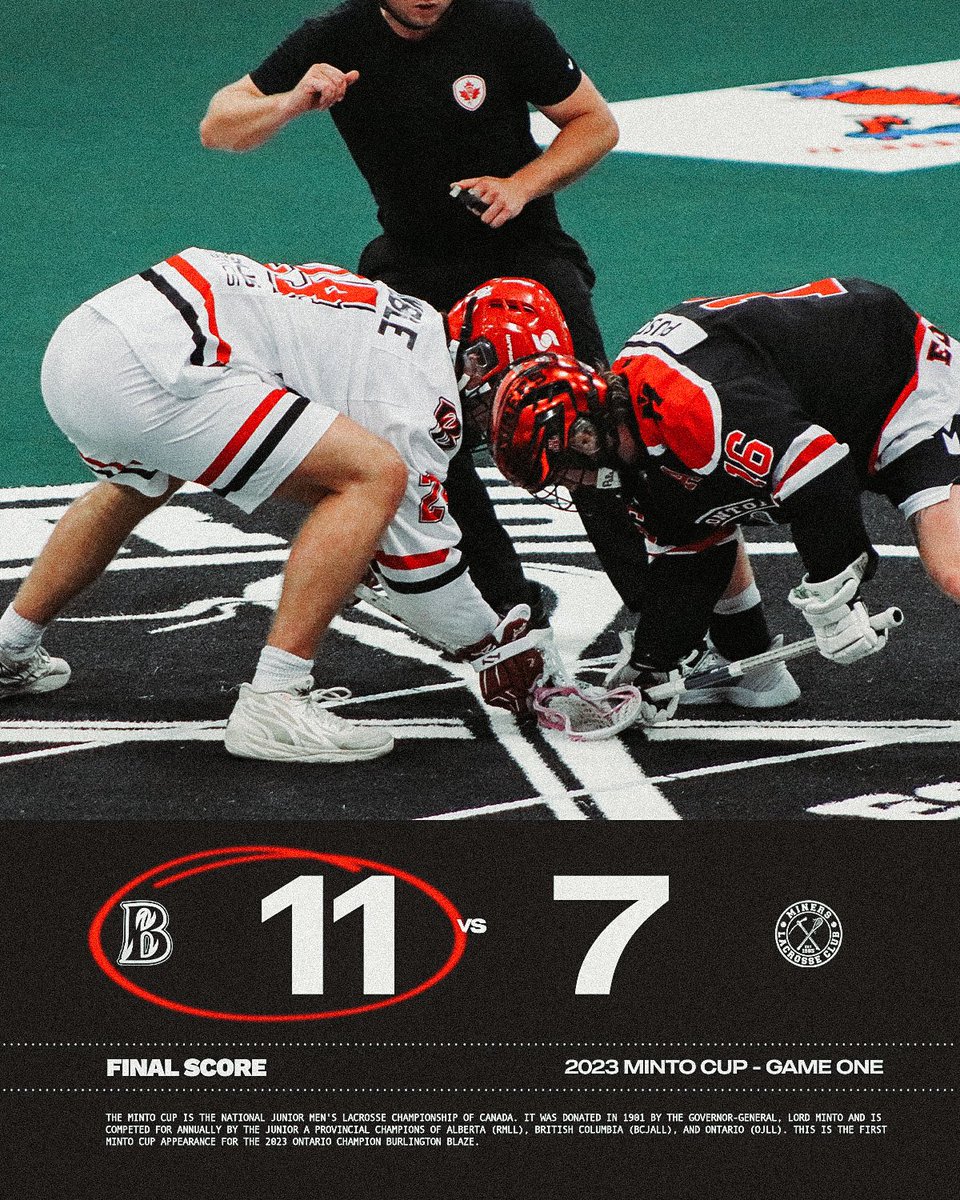 Final score from the first game for <a href="/burlyjralax/">Burlington Blaze</a> at <a href="/TheMintoCup/">The Minto Cup</a> in Edmonton, Alberta.