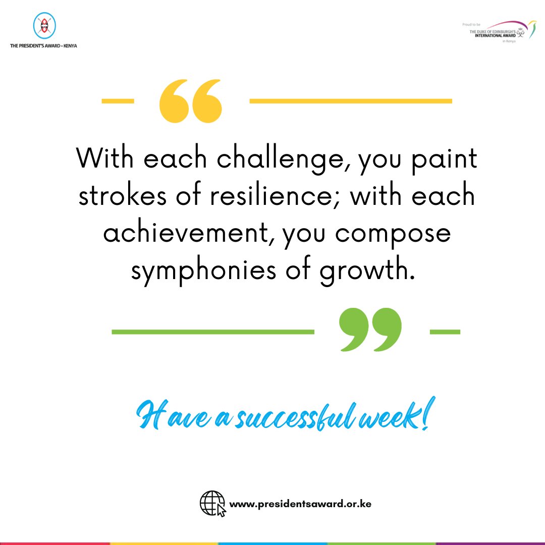 presidentsaward's tweet photo. Embrace the Award journey as a canvas of endless possibilities.  Let the masterpiece of your potential unfold, for within you lies the power to inspire change and create a brighter future.

#PresidentAward’s-Kenya #worldready #discoverinfinitepotential https://t.co/iUq2M35fgJ