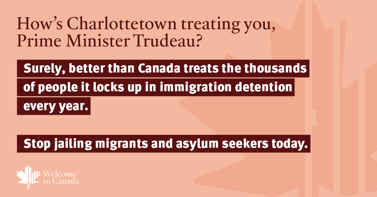 While Canada’s Cabinet enjoys Charlottetown’s hospitality, hundreds of people are locked up in #ImmigrationDetention across Canada 

Join us in calling <a href="/JustinTrudeau/">Justin Trudeau</a> to stop jailing asylum seekers &amp; migrants &amp; give them the #WelcomeToCanada they deserve 👇hrw.org/welcometocanada