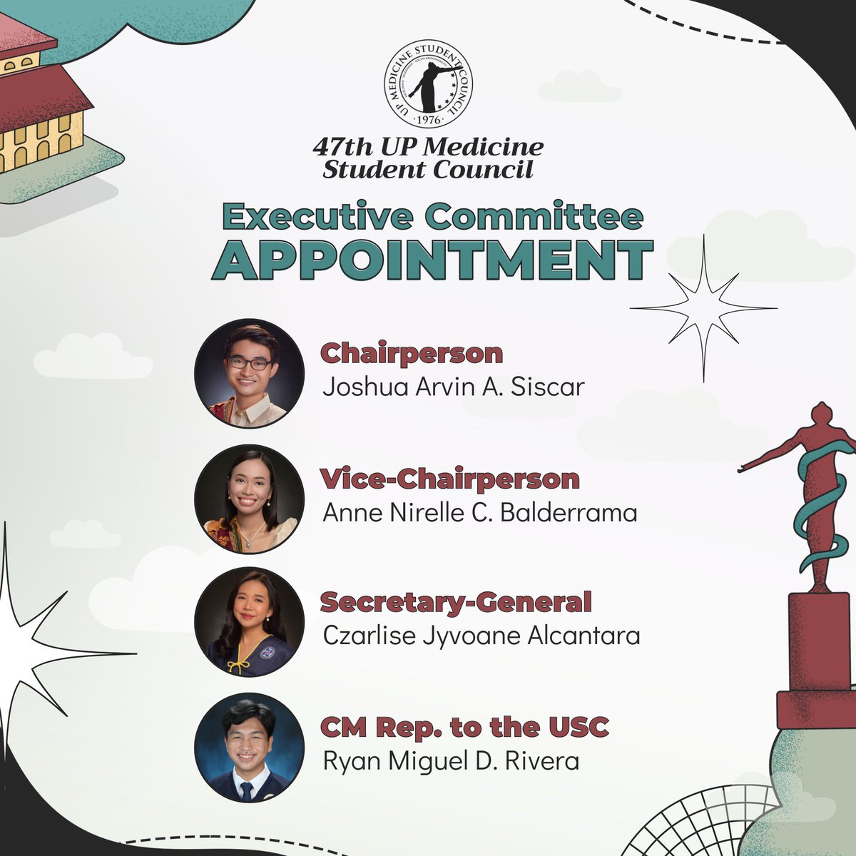 Congratulations to the newly appointed officers of the UP Medicine Student Council! 🤍

▫️ Josh Siscar, Chairperson
▫️ Nirelle Balderrama, Vice-Chairperson
▫️ Czarlise Jyvoane Alcantara, Secretary-General
▫️ Ryan Rivera, CM Rep. to the USC

May you serve the students well!