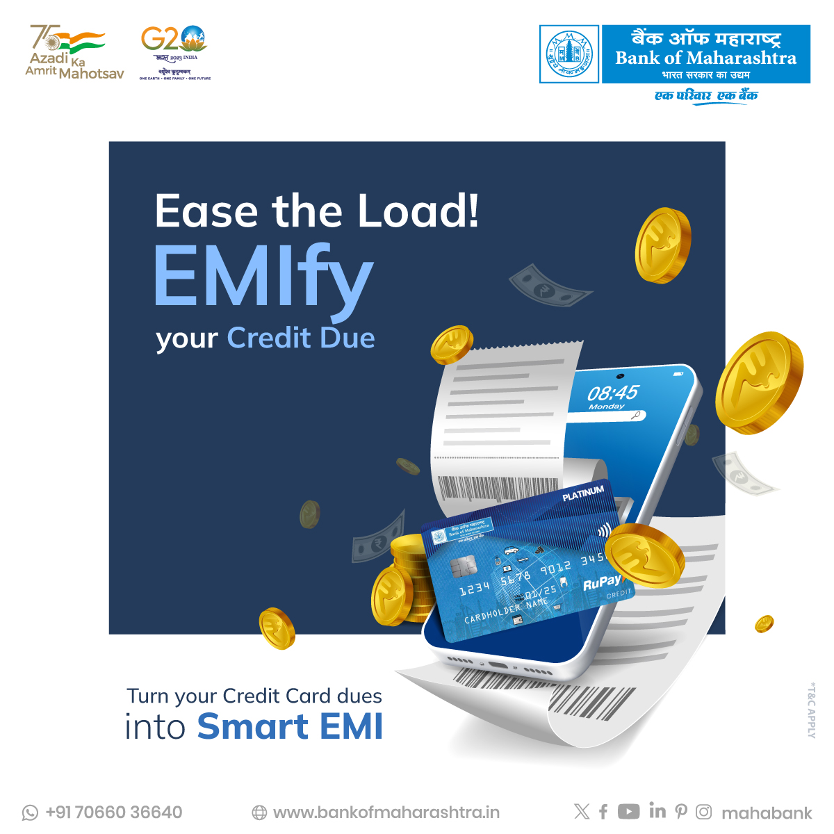 mahabank's tweet photo. Transform your BoM #CreditCard dues into smart installments and enjoy flexibility in managing your expenses.
Click to know more: https://t.co/eUX6PxIQVp
#BankofMaharashtra #Mahabank #SmartEMI #FinancialFreedom #EasyPayments #EmpowerYourWallet #WiseFinance #PersonalizedPayments https://t.co/8XTjEIFd0l
