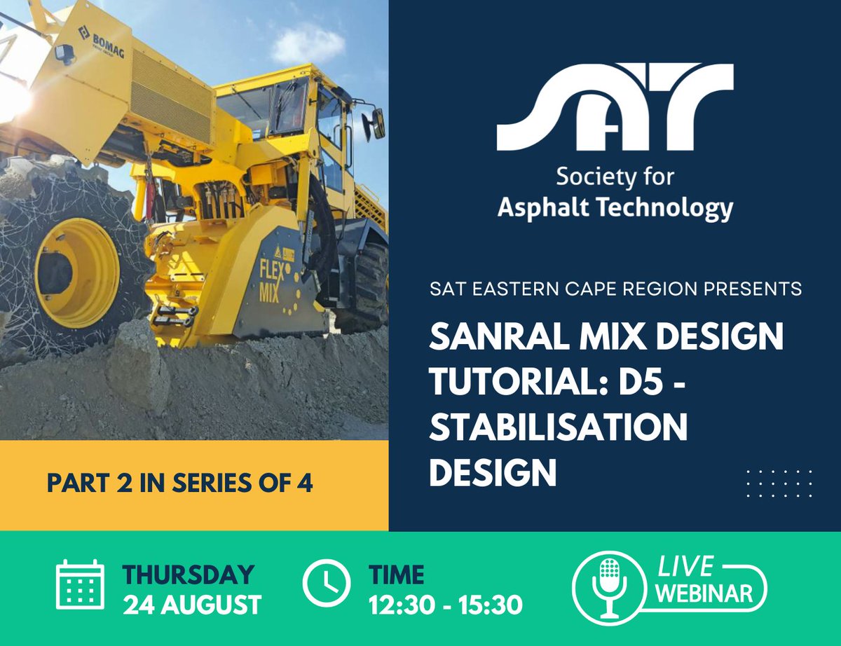 SocSAT_SA's tweet image. Join us for part 2 in our series of Tutorials brought to you by #SATEC Region: #SANRAL Mix Design Online Tutorial: D5 – Stabilisation Design. More info &amp;amp; registration here: socsat.co.za/product/sanral…

Only R50 for online attendees, students with valid student card Free.