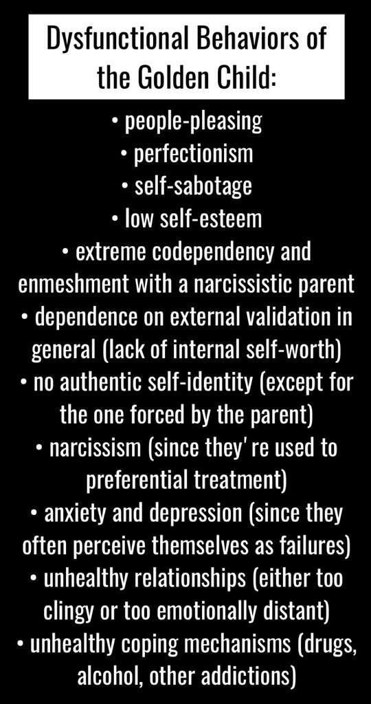 MomNarcissistic's tweet photo. Dysfunctional Behaviors and tendencies of the Golden Child.
#narcissisticabuse #goldenchild #scapegoat #forgottenchild #narcmom https://t.co/1SrUnmtGS3