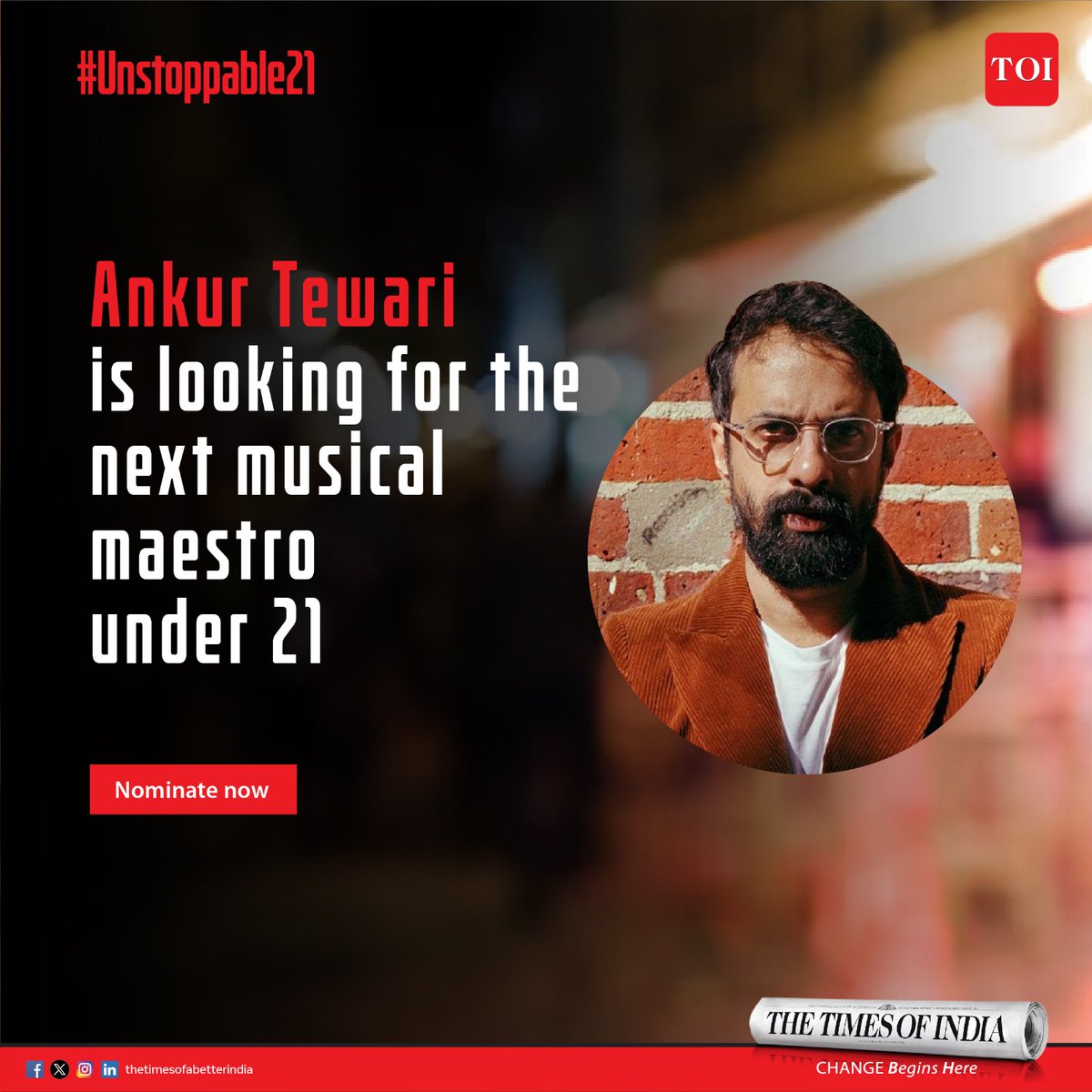 TOIBetterIndia's tweet photo. Ankur Tewari is looking for the next musical maestro under 21!

Log on to https://t.co/v9AP22dEsL to nominate yourself or an amazing youngster making waves across the world.

The Times of India #Unstoppable21 initiative will celebrate 21 young prodigies of India. https://t.co/gGfJMJtq8x