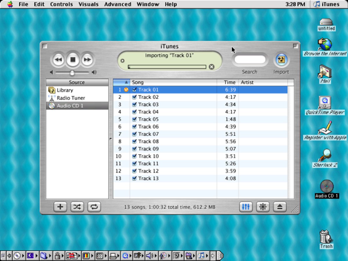 museumsound's tweet image. iTunes v. 2.0.4 running on Mac OS 9 – the last version of iTunes to be supported on the Mac&apos;s pre-OSX operating system.

#iTunes #Apple #OS9 #MacOS #OSX #MacOSX #mp3 #mp3player #software #CompressedDigitalAudio #digitalaudio
